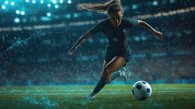 woman playing football at stadium, abstract woman soccer banner background
