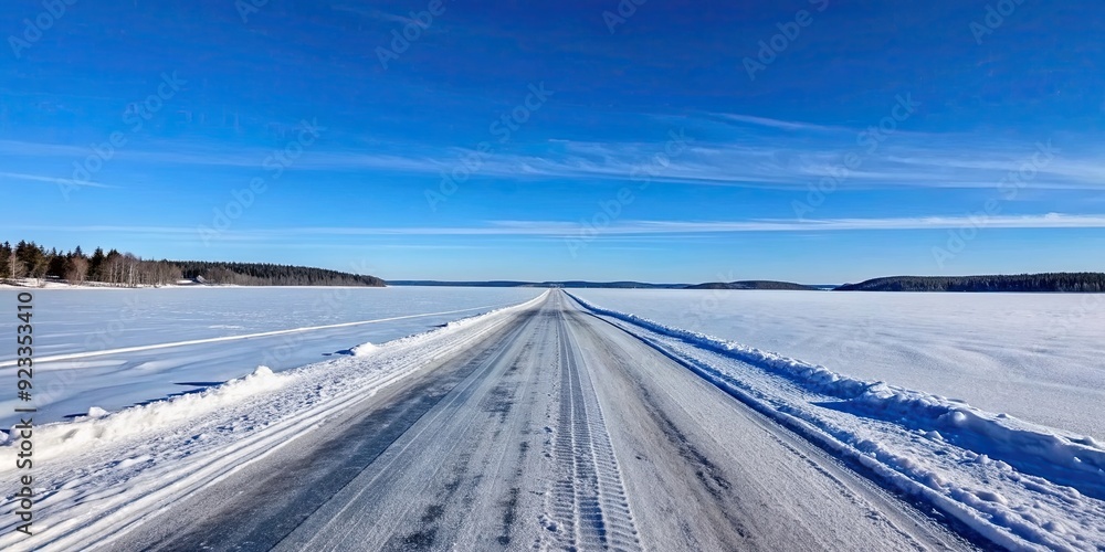 Poster Ice road crossing Lake Pielinen in Eastern Finland during winter , ice road, Lake Pielinen, Finland, winter, snow