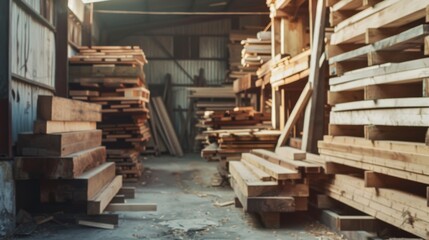 Sunlight filters through a rustic woodworking shop, illuminating stacks of neatly organized lumber, evoking a sense of craftsmanship and industry.
