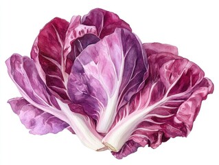 Obraz premium Joyful and vibrant watercolor of a happy radicchio vegetable with red leaves isolated on a clean white background This organic fresh produce graphic can be used for various food cooking