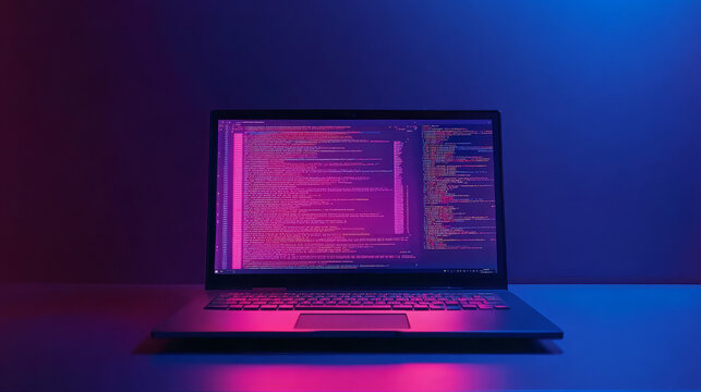 "A vector illustration featuring a front view of a sleek, modern laptop on a clean desk. The laptop screen displays lines of computer code, symbolizing programming and software development. 