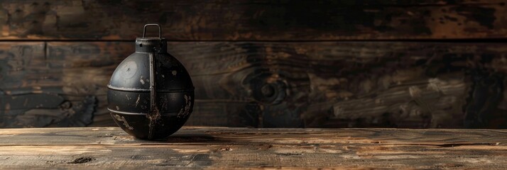 Classic black grenade resting on a wooden surface