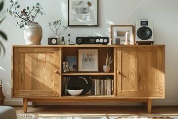 Scandinavian sideboard with drawers and black metal mesh on oak legs against white and pink walls, featuring industrial-style decor with parquet flooring and decorative items.