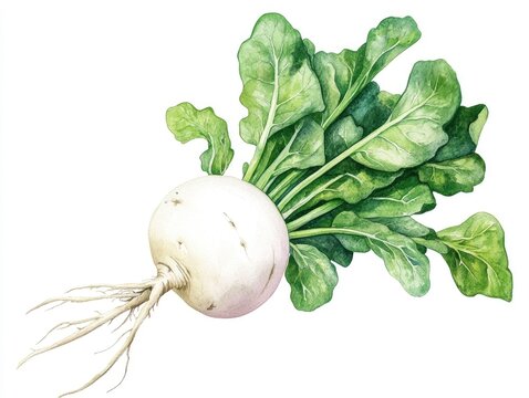 recommend clip art: Cheerful and vibrant watercolor of a daikon radish with long root isolated on a clean white background  This botanical clipart portrays the healthy organic vegetable in a natural fresh style
