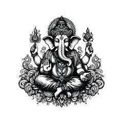 Lord Ganesha illustration, hand drawn black and white Hindu God vector illustration isolated white background