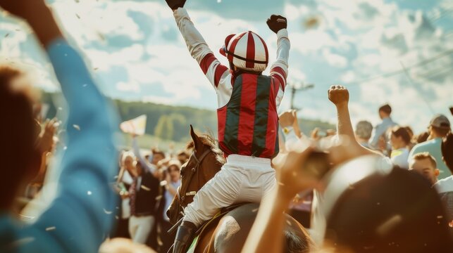 A jubilant jockey celebrating a victory on horseback, surrounded by an enthusiastic crowd, capturing the thrill of a horse race. - Powered by Adobe