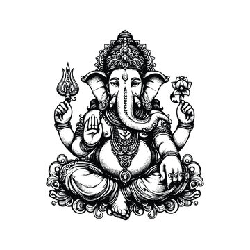 recommend clip art: Lord Ganesha illustration, hand drawn black and white Hindu God vector illustration isolated white background