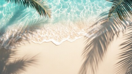 empty abstract sand beach with palm leaf shadow and transparent water wave from above. Generative ai