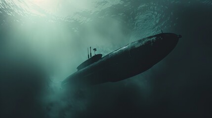 Fototapeta premium An ominous submarine glides silently through the murky depths, surrounded by a mysterious and eerie underwater fog.