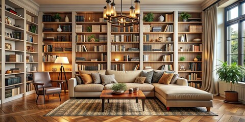 Obraz premium Cozy living room with floor-to-ceiling bookshelves filled with books and decor items, cozy, living room, bookshelves