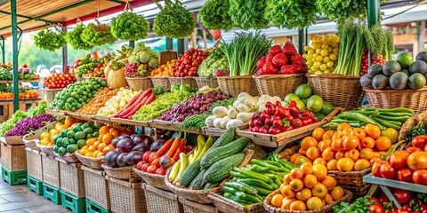 Obraz premium Fresh fruits and vegetables displayed on a stand at the farmers market, market, organic, produce, healthy, local