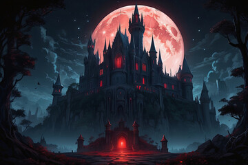 Obraz premium art illustration of a extremely detailed ominous gothic castle at night in an overgrown and magical world