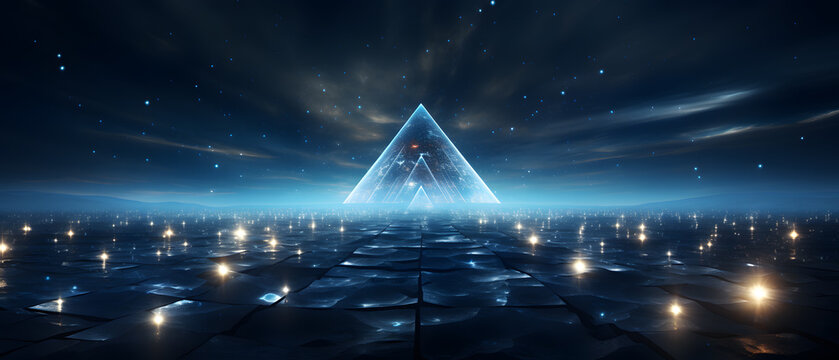 immersive vibrant azure blue pyramid geometry shape background with glitters, particles, line, wave, curve, curl 3d illustration