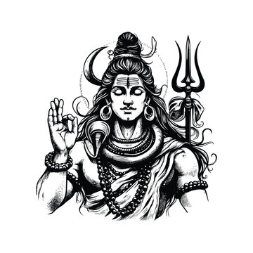 recommend clip art: Lord Shiva illustration, hand drawn black and white Hindu God vector illustration isolated white background
