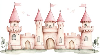 Fototapeta premium Enchanting Fantasy Castle with Pink Turrets Watercolor Fairy Tale Inspired Clipart of a Magical Medieval Palace or Residence on a White Background