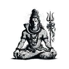 Obraz premium Art & IllustrationLord Shiva illustration, hand drawn black and white Hindu God vector illustration isolated white background