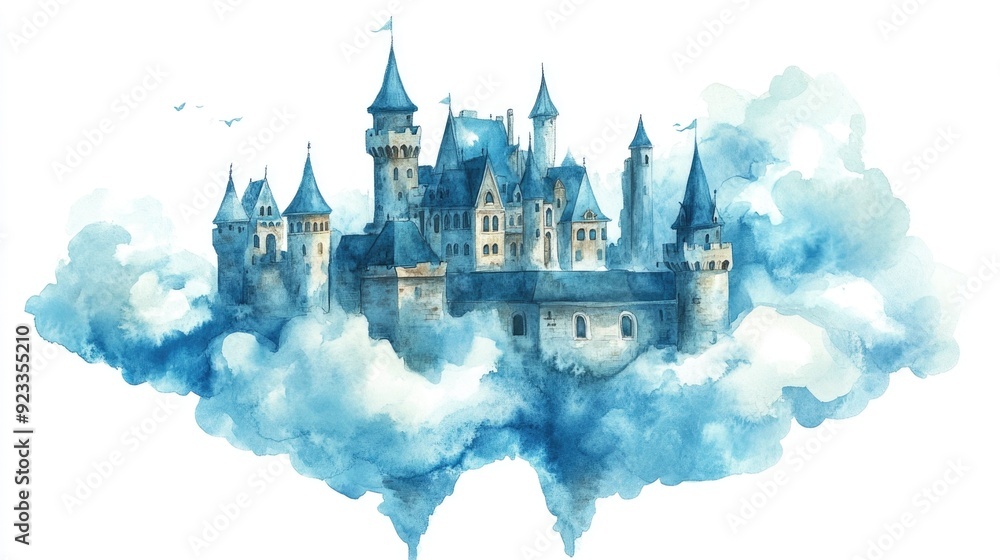 Poster enchanting floating castle watercolor with magical clouds floating in serene sky on white background