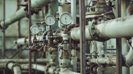 Obraz premium An intricate network of industrial pipes and valves, spotlighting the complexity and precision of modern industrial systems.