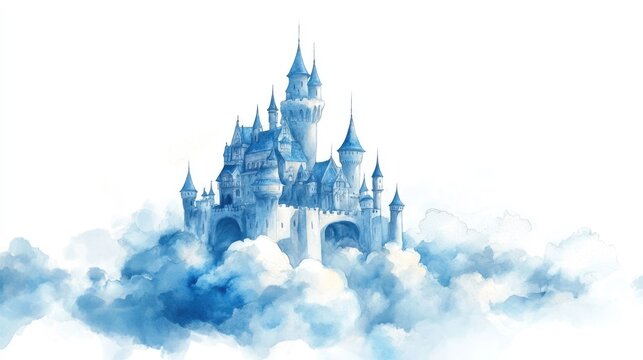 Enchanting watercolor of a fantasy castle with turrets and spires floating peacefully among wispy clouds against a serene white background