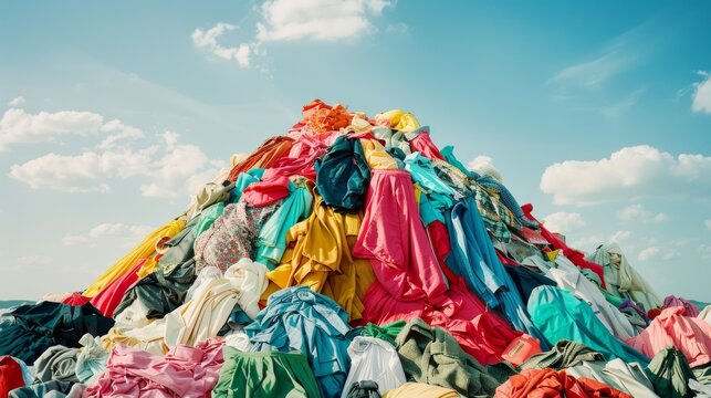 A colorful heap of discarded clothes piles up under a bright blue sky, highlighting themes of waste and sustainability.