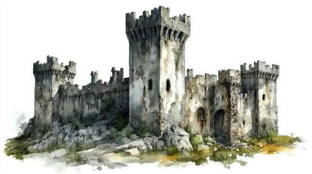 Enchanting fantasy castle with crumbling ancient stone walls turrets and towers set against a white background