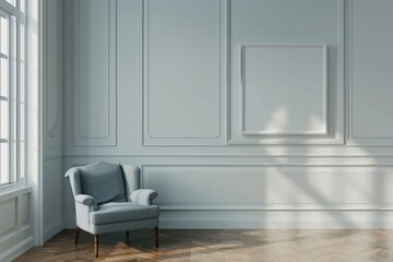 Living Room Render. Bright Interior Design with Armchair and Copy Space Against White Wall