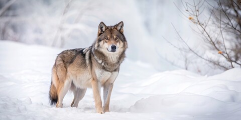 Obraz premium A lone wolf standing in a snow-covered forest, wolf, snow, forest, wildlife, predator, cold, wilderness, nature, isolated, solitude