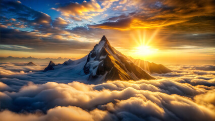 Majestic mountain peak emerging from sea of clouds at sunrise, creating dramatic landscape