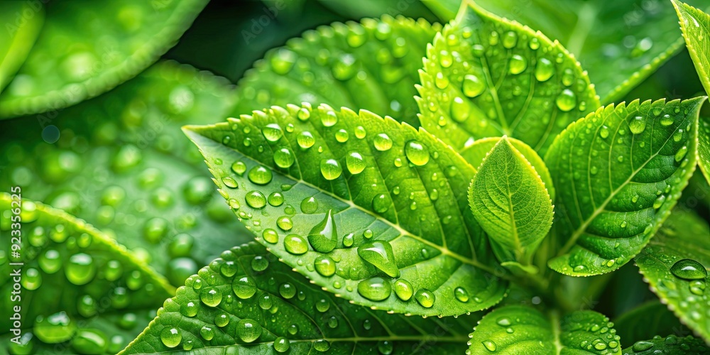 Poster Close up of vibrant green leaves with water droplets, green, leaves, closeup, nature, plants, foliage, macro