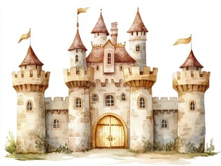 Fototapeta premium Enchanting of a fantasy castle with grand golden gates towering spires and intricate architectural details set against a serene white background in a captivating watercolor style