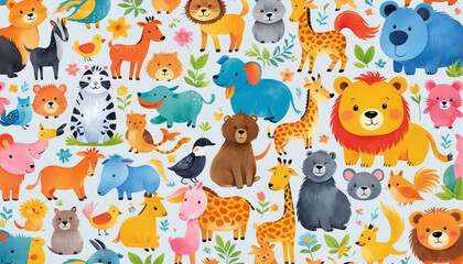Naklejka premium Illustrative childlike depiction of various cute and friendly animals from nature in bright colors
