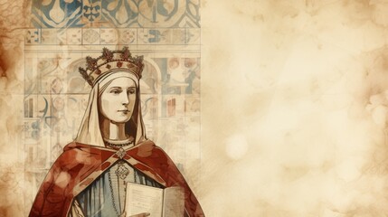 Illustration of Royal St. Margaret of Scotland in 11th-Century Scottish Court, Biblical Illustration, Beige Background, Copyspace,Christian banner