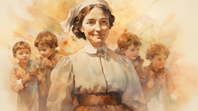 Illustration of St. Elizabeth Ann Seton with Children, Symbolizing Catholic Education, Biblical Illustration, Beige Background, Copyspace,Christian banner