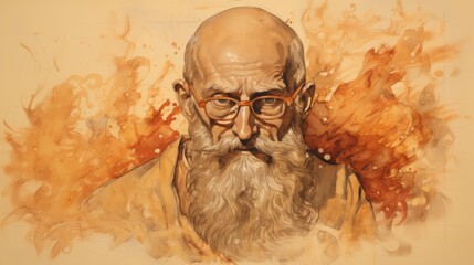 Obraz premium Illustration of Martyrdom of St. Polycarp with Flames and Serene Faith, Biblical Illustration, Beige Background, Copyspace,Christian banner