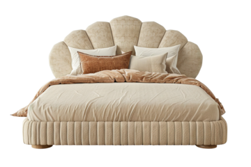 Modern Scandinavian, Boho style bed with headboard, complete with beige bedding and throw. Natural, earth colors. Double bed on transparent background. Cut out furniture. Front view.