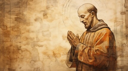 Illustration of Prayer of St. Cajetan in 16th-Century Italian Church, Biblical Illustration, Beige Background, Copyspace,Christian banner