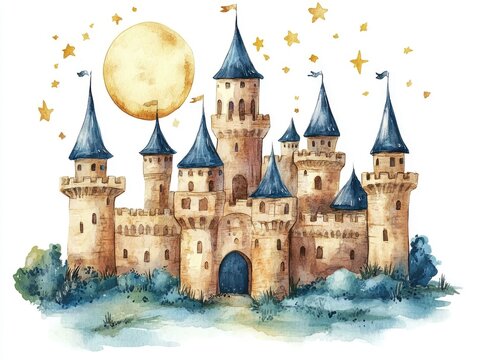 recommend clip art: Enchanting Moonlit Fantasy Castle with Twinkling Stars Watercolor   Magical Fairytale Landscape Clip Art for Design and Storybook Backgrounds