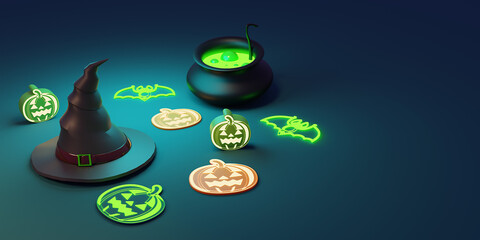 Halloween background. Holiday Halloween poster, web banner, greeting card, cover for party invitation. Bright realistic 3d pumpkins.