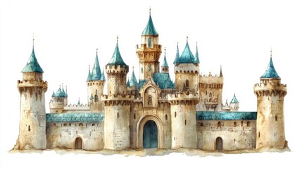 Fototapeta premium Enchanting watercolor of a fantasy castle with emerald green rooftops isolated on a white background Fairytale medieval architecture perfect for use in creative digital art projects