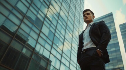 Fototapeta premium A confident individual in a business suit stands against a backdrop of modern glass buildings, exuding professionalism in an urban setting.