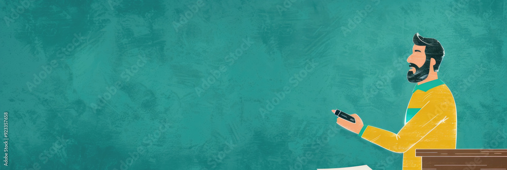 Poster a man thoughtfully engages with his smartphone while at a cluttered desk in an office setting