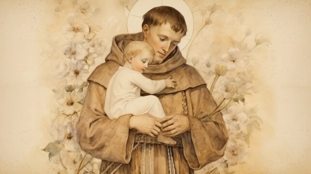 Illustration of St. Anthony of Padua with Infant Jesus, Church and Lilies, Biblical Illustration, Beige Background, Copyspace,Christian banner