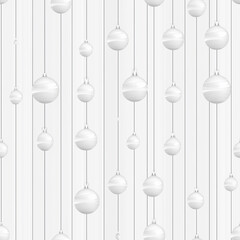 Minimalistic seamless pattern with hanging white ornaments on thin strings against a light background. Perfect for elegant and modern holiday designs.