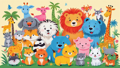 Naklejka premium Illustrative childlike depiction of various cute and friendly animals from nature in bright colors