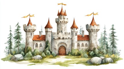 Obraz premium Majestic Fantasy Castle with Flowing Banners in Vibrant Watercolor Medieval Style Architecture Fairytale Landscape Historical Landmark