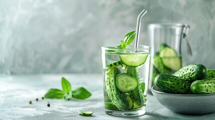 Pickle Juice. Glass of Cucumber Pickle Juice with Metal Tube. Pickled Gherkins in Bowl on Light Background for Healthy Drink