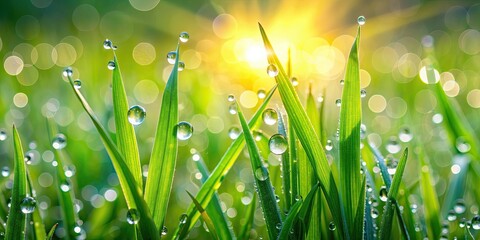 Fototapeta premium Fresh green grass blades with dew drops early in the morning , nature, water droplets, blades, wet, morning, fresh, natural