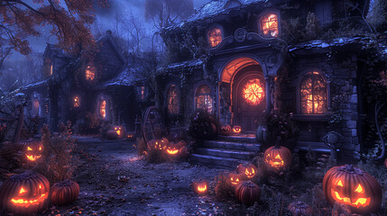 Halloween background with pumpkins and haunted house , spooky mood of halloween in the city , pumpkin with facial impression