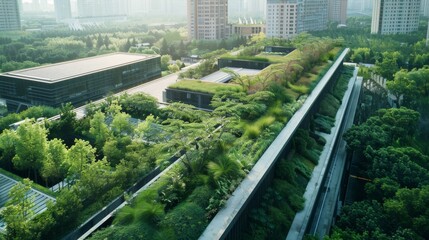 Obraz premium Lush green rooftops of buildings in an urban area embrace a sustainable design, merging nature with modern architecture under a gentle, overcast sky.