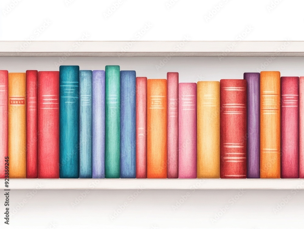 Poster cozy and inviting watercolor of a bookshelf filled with vibrant colorful books creating a warm and c